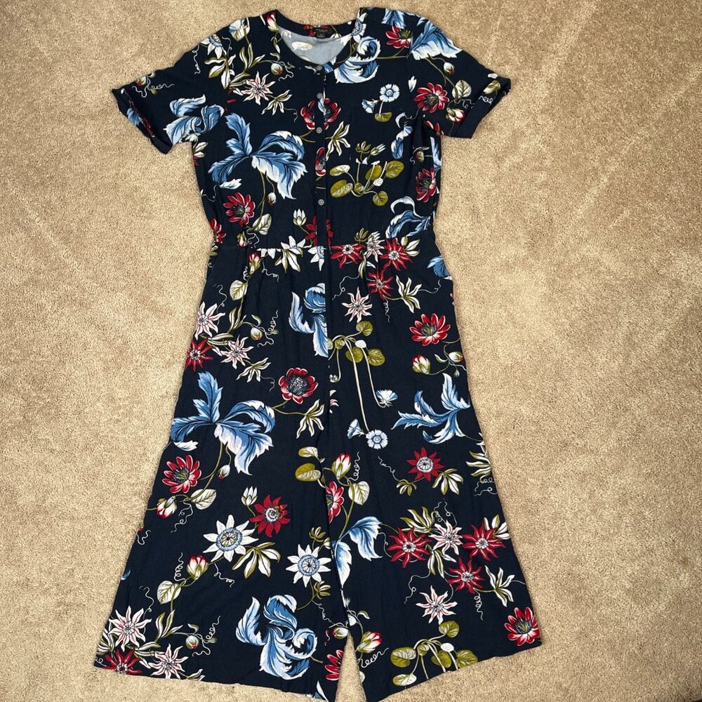 Ann Taylor Jumpsuit Womens 12 Navy Floral Wide Leg Gaucho Cropped Bohemian Flowy